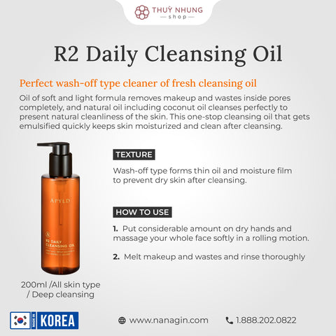 APYLD R2 Daily Cleansing Oil 200ml / 6.76oz - Thuy Nhung Shop